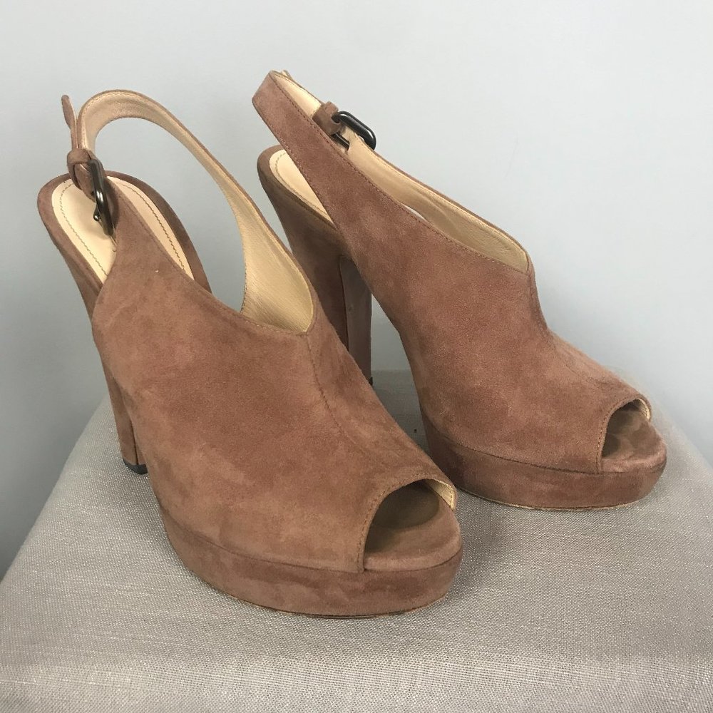Prada Rose Suede Platform Heels, Size 36